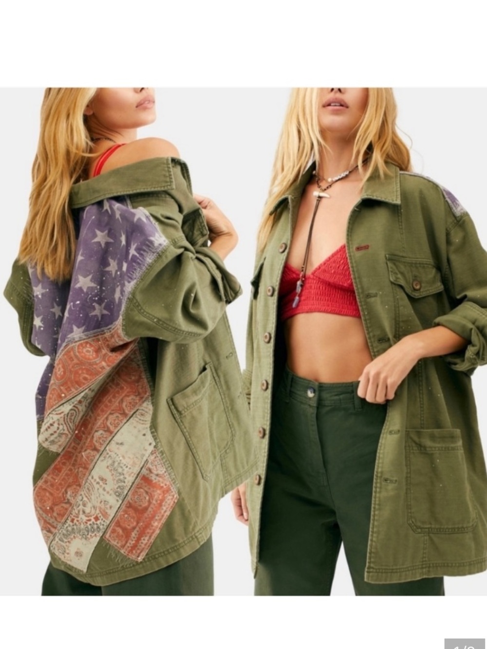 Free People Spruce American Flag Military Jacket Olive